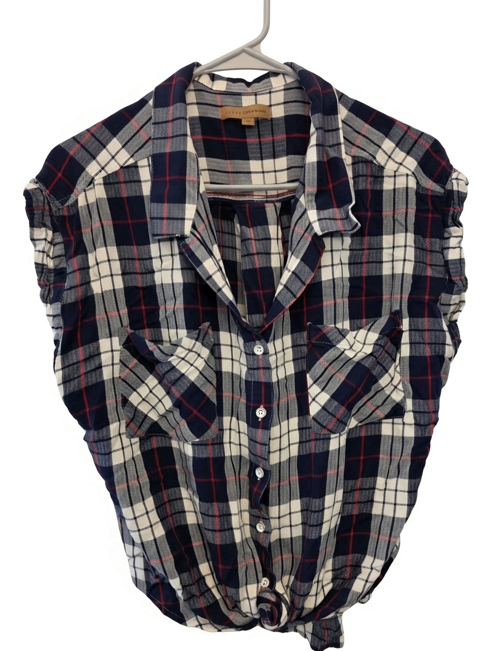 XL Plaid Button-Front Short Sleeve Tank Top Shirt With Tie Front Loose Fit